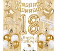 HILAVO 18th Birthday Decorations for Girls, Champagne Gold Happy 18th Birthday Decorations with 18 Years Old Sash, Crown, Fringe Curtains, Balloons, Banner, Cake Topper, 18 Bday Party Supplies Set