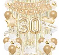 HILAVO 30th Birthday Decorations for Her, Champagne Gold Happy 30th Birthday Decorations with 30 Sash and Crown, Fringe Curtain, Banner, Balloons, Cake Topper for Women 30 Year Old Bday Party Supplies