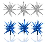 HILAVO 6PCS Blue Silver Star Balloons, 22Inch Navy Blue Silver Star Shaped Balloon Foil Spike Balloon Cone Balloons for Graduation Birthday Baby Shower Party Decorations