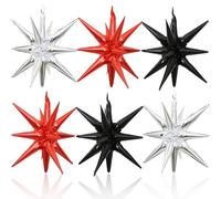 HILAVO 6PCS Star Balloons, 22Inch Black Red and Silver Explosion Star Balloon Foil Balloons Spike Cone Balloon for Graduation Birthday Anniversary New Year Kids Boys Party Decorations