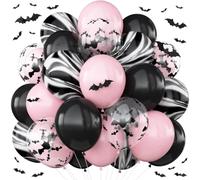 HILAVO Pink Halloween Balloons, Pastel Pink and Black Bat Marble Party Balloons for Girly Halloween Birthday Baby Shower Spooky BooDay Wedding Party Backdrop Decorations