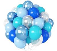 HILAVO Teal Blue Balloons 12 Inch 60pcs Ocean Turquoise Blue Party Balloons Transparent Metallic Pastel Light Blue Latex Helium Balloon for Under The Sea Birthday Baby Shower Shark Party Decorations