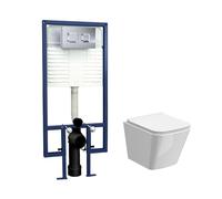 Hilderstone Contemporary Square Wall Hung Toilet Pan and Seat with Concealed Cistern and Flush Plate with Square Buttons - White/Chrome