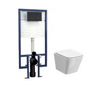 Hilderstone Contemporary Square Wall Hung Toilet Pan and Seat with Concealed Cistern and Flush Plate with Square Buttons - White/Black