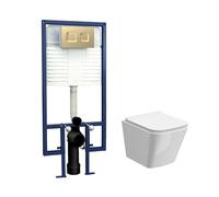 Hilderstone Contemporary Square Wall Hung Toilet Pan and Seat with Concealed Cistern and Flush Plate with Square Buttons - White/Brushed Brass