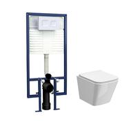 Hilderstone Contemporary Square Wall Hung Toilet Pan and Seat with Concealed Cistern and Flush Plate with Square Buttons - White