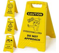 HILELIFE 4 Pack Caution Overstimulated Desk Sign, Funny Desk Sign, Do Not Approach Office Decor, Mini Warning Signs for Coworkers, Boss Gifts