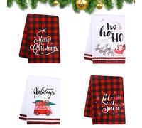 Hileyu 4 Pieces Christmas Tea Towels,45 x 70cm Microfibre Tea Towels,Super Absorbent Kitchen Towels,Merry Christmas Buffalo Plaid Tea Towels and Bar Towels