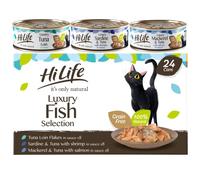 HiLife it's only natural Luxury Fish Selection in Sauce Adult Wet Cat Food, Tuna Loin Flakes/Sardine & Tuna/Mackerel & Tuna, Grain Free with 100% Natural Ingredients (24 Cans x 70g)