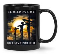 HilihoHaven Christian Inspirational Ceramic Mug “He Died for Me So I Live for Him” Religious Gift for Easter Christmas Baptism 11OZ Dishwasher Safe Faith Based Cup with Fade-Resistant Print (Black)