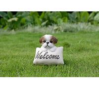 HiLine Gift Ltd. Shi Tzu Puppy with Welcome Sign Outdoor Statue - Brown White