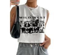 Hilinker Womens Crew Neck Loose Crop Tank Tops Workout Casual Sleeveless T-Shirt, White Wile West, S