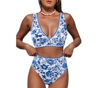 Hilinker Women's Leopard Bikini Swimsuits V Neck High Waisted 2 Piece Bathing Suits, White Blue Floral, Medium