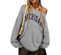 Hilinker Women's Off Shoulder Sweatshirt Oversized Pullover Cute Long Sleeve Tops, N Grey Michigan, Large