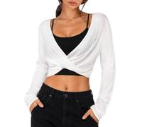 Hilinker Womens V Neck Twist Front Long Sleeve Crop Top | Cropped, Crossover, See Through, Lightweight, Sexy, Cover Up, Wrap Front, Workout, Going Out, Night Out