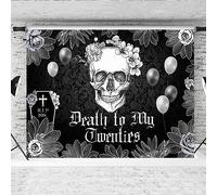 Hilioens 8×6ft Death to My Twenties Backdrop for 30th Birthday Halloween RIP to My 20s Youth Gothic Skull Coffin Black Party Background for Photography Girls Boys Thirties Birthday Banner