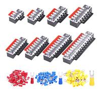 Hilitchi 124 Pcs (8 Sets) Terminal Block in Total, 600V 15A Dual Row Screw Terminals Strip with Cover, Pre-Insulated Terminal Barrier Jumper Strips Black Red and Bonus 100pcs Spade Fork Wire Connector