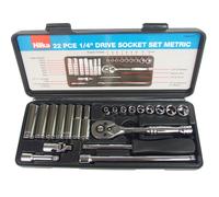 Hilka 22PC 1/4" Drive Socket Set Metric Chrome Ratchet Garage Car DIY Toolkit