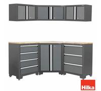 Hilka 7 Piece Garage Corner Cabinet Set, Steel Workshop Storage System With 7 Drawers, Worktops, Lockable Cabinets, Grey
