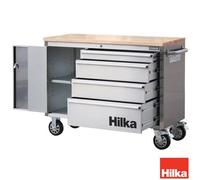 Hilka Professional Stainless Steel Tool Cabinet With 4 Drawers, 1 Cabinet, 30mm Wood Worktop, Locking Castors & Key Lock