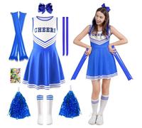 HILKKET Cheerleader Costume Kids, Cheerleading Outfit Girls, Cheerleading Dress Cheer Uniforms with Pompoms, Socks and Hair Accessories, Children's Cheer Outfit (Blue, L)