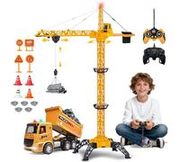 HILKKET Remote Control Tower Crane 138 cm, RC Tower Crane, 2.4 Hz, 6 Channel Grue Telecommandée, Crane De Chantier Enfant with RC Dumper, Lights, Radio Controlled Grue Sound for Enfants