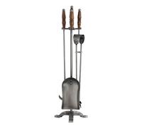 Hill 1975 Hand Turned Fire Companion Set In Antique Pewter With Wooden Handles