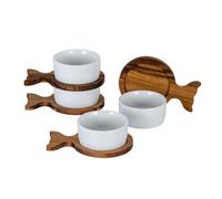 Hill Interiors Acacia Fishtail Serving Trays (Set Of 4) With Bowls - Ceramic - L9 X W13 X H4 Cm - Brown
