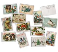 Hill Valley Greetings Antique Christmas Animals Post Cards on Luxury Antique Textured Cardstock - 24 Vintage Christmas Postcards - 12 Assorted Retro Holiday Animal Illustration Cards