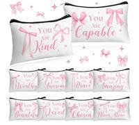 Hillban 10 Pcs Inspirational Cosmetic Bag Gifts for Mother's Day Women Bulk Christian Gifts for Women Church Employee Appreciation Makeup Bag Canvas Travel Pouch You Are Amazing(Bow,Pink)