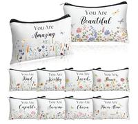 Hillban 10 Pcs Inspirational Cosmetic Bag Gifts for Mother's Day Women Bulk Christian Gifts for Women Church Employee Appreciation Makeup Bag Canvas Travel Pouch You Are Amazing, Beige, Wildflower