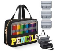Hillban 108 Slots Colored Pencil Case with Notebook Interlayer Large Capacity Colored Pencil Organizer Bag Chenille Letter Patch Storage Bag with Handle Zipper Pen Holder for Student Artist, Black