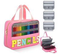 Hillban 108 Slots Colored Pencil Case with Notebook Interlayer Large Capacity Colored Pencil Organizer Bag Chenille Letter Patch Storage Bag with Handle Zipper Pen Holder for Student Artist, Pink