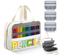 Hillban 108 Slots Colored Pencil Case with Notebook Interlayer Large Capacity Colored Pencil Organizer Bag Chenille Letter Patch Storage Bag with Handle Zipper Pen Holder for Student Artist, White