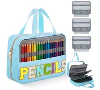 Hillban 108 Slots Colored Pencil Case with Notebook Interlayer Large Capacity Colored Pencil Organizer Bag Chenille Letter Patch Storage Bag with Handle Zipper Pen Holder for Student Artist, Blue