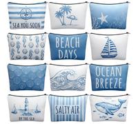 Hillban 12 Pcs Bulk Ocean Makeup Bags for Women Coastal Beach Themed Cruise Gift Bachelorette Party Favors Blue Seashell Cosmetic Pouches Sea Survival Kits for Travel Summer Vacation Gifts Supplies