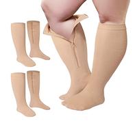 Hillban 2 Pair 15 - 25 Mmhg Wide Plus Size Calf Zipper Compression Socks for Women Men, Beige, XXXXL
