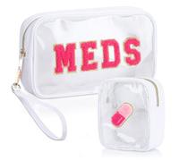 Hillban 2 Pcs Medicine Bag Chenille Letter Patch Meds Bags Travel Cases Preppy Clear Nylon Portable Makeup Bags Zipper Cosmetic Toiletry Storage for Women PVC Transparent Mini First Aid Bag, white
