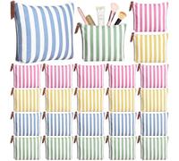 Hillban 24 Pcs Striped Makeup Bags Bulk Canvas Cosmetic Bag Beach Themed Gifts Travel Toiletry Organizer Zipper Pouch Bags for Women Bridemaids Party Favors, Pastel, 9.84 x 7.87 x 1.97 inches, Striped