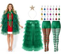 Hillban 25 Pcs Christmas Tree Cape Set Xmas Party Costumes Outfit with Tulle Cloak Red White Green Striped Tights Star Headband 21 Beard Clips Ornaments for Women