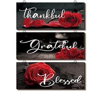 Hillban 3 Pieces Rose Wooden Wall Decor Thankful Grateful Blessed Wooden Signs Inspirational Wall Art Signs Wedding Decor for Room Kitchen Bathroom(10 x 4 Inch,Red)