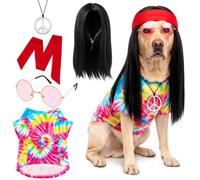 Hillban 5 Pcs Hippie Dog Costume Halloween 70s Disco Pet Outfit Tie Dye,L | Complete Retro Set with Colorful Shirt, Funky Wig, Peace Necklace, Sunglasses, Perfect for 60s 80s Themed Party Dress up
