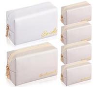 Hillban 6 Pcs Bride and Bridesmaid Cosmetic Bag PU Leather Makeup Bag Waterproof Makeup Pouch Purse Toiletry Gifts for Bridal Shower, Wedding, Bachelorette Party, White, Ivory White