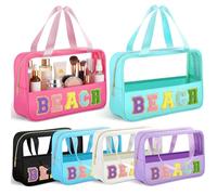 Hillban 6 Pcs Chenille Letter Patch Clear Makeup Bag Preppy Waterproof Transparent Handled Pouches with Letter Patches Large Travel Makeup Toiletry Storage Zipper Pouch, Tote Bag for Women, Multicolor