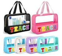 Hillban 6 Pcs Chenille Letter Patch Clear Makeup Bag Preppy Waterproof Transparent Handled Pouches with Letter Patches Large Travel Makeup Toiletry Storage Zipper Pouch, Tote Bag for Women, Multicolor