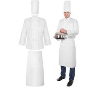 Hillban Adult Unisex Chef Costume Set: 3 Pcs Tall Hat Coat Apron for Halloween, White, XL