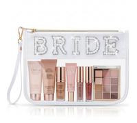 Hillban Bride Clear Makeup Bag Bride Chenille Patch Letter Makeup Pouch Bling Pearl Rhinestone Patch Cosmetic Bag Bridesmaid Engagement Party Gifts for Women Bridal Shower Wedding, clear, white, Pearl