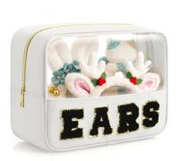 Hillban Chenille Letter Mouse Ears Travel Case Hair Accessories Organizer Storage Mouse Ear Holder Bag Nylon Large Chenille Letter Makeup Bag Gifts for Theme Park Fans, White and Black