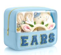 Hillban Chenille Letter Mouse Ears Travel Case Hair Accessories Organizer Storage Mouse Ear Holder Bag Nylon Large Chenille Letter Makeup Bag Gifts for Theme Park Fans, Blue, 10.6" x 8.3" x 4.9"