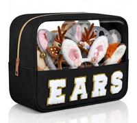 Hillban Chenille Letter Mouse Ears Travel Case Hair Accessories Organizer Storage Mouse Ear Holder Bag Nylon Large Chenille Letter Makeup Bag Gifts for Theme Park Fans, Black, 10.6" x 8.3" x 4.9"
